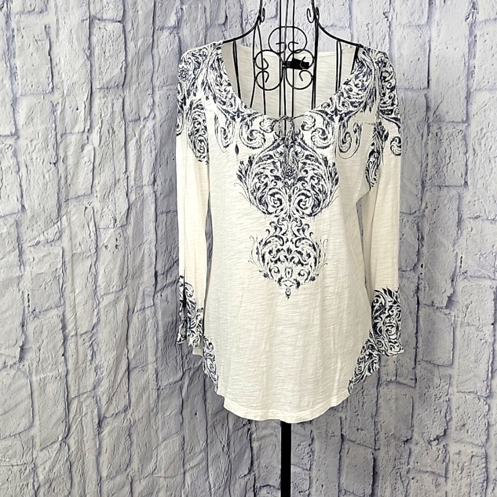 LUCKY BRAND Blue and White Floral Bohemian Long Sleeves Women's Blouse M…